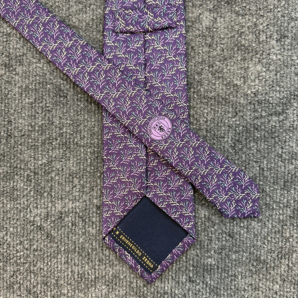 Ermenegildo Zegna Tie Purple Coral Branch Pattern 100% Silk Made in Italy Luxury